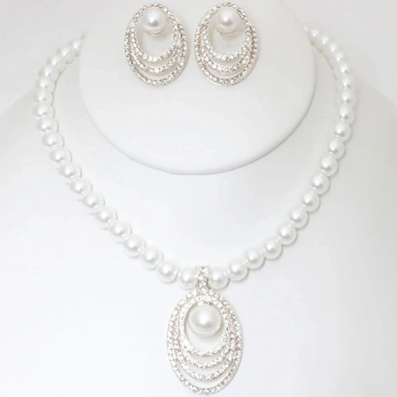 Rhinestone Pearl Necklace And Earring Set - ShopEasier