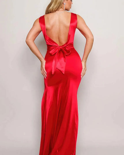 Sleeveless Deep V Low Back Bow Maxi Dress - ShopEasier