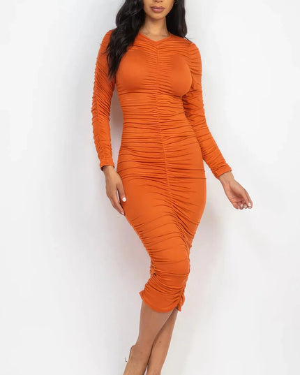 Ruched Long Sleeve Midi Dress - ShopEasier