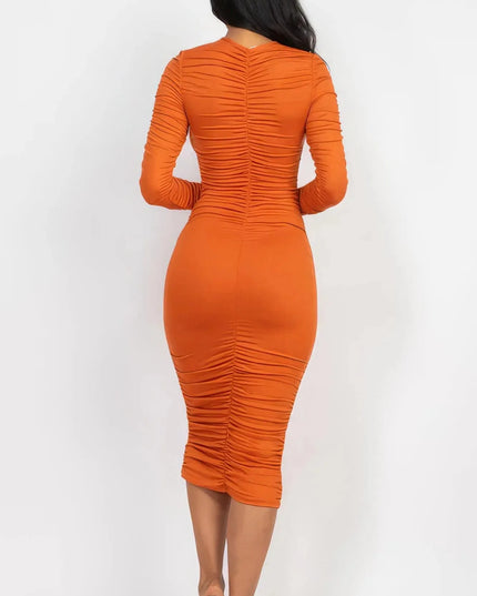 Ruched Long Sleeve Midi Dress - ShopEasier