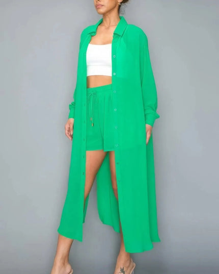 Chiffon Button Down Long Sleeve Side Slit Long Top With Short Set - ShopEasier