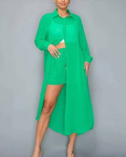 Chiffon Button Down Long Sleeve Side Slit Long Top With Short Set - ShopEasier