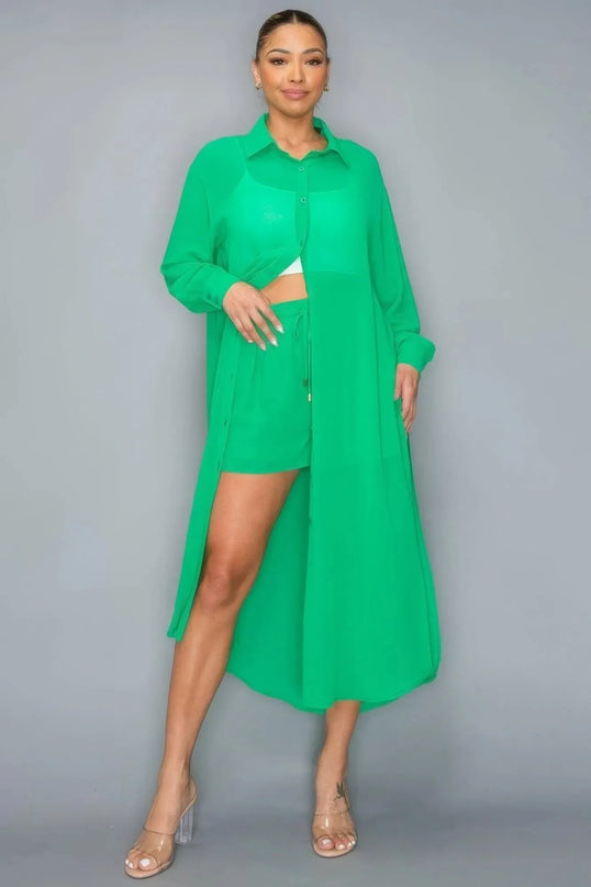 Chiffon Button Down Long Sleeve Side Slit Long Top With Short Set - ShopEasier