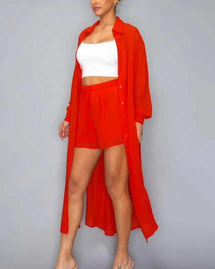 Chiffon Button Down Long Sleeve Side Slit Long Top With Short Set - ShopEasier