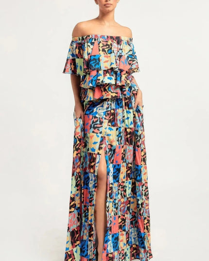 Printed Ruffle Top And Pleated Skirt Set - ShopEasier