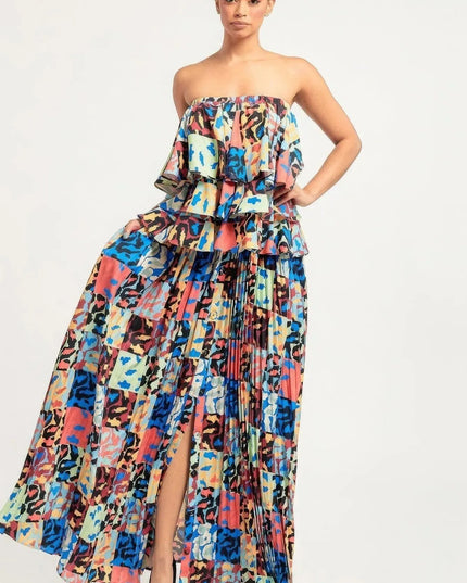 Printed Ruffle Top And Pleated Skirt Set - ShopEasier