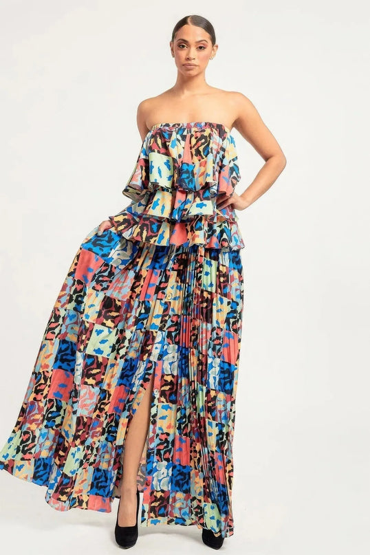 Printed Ruffle Top And Pleated Skirt Set - ShopEasier