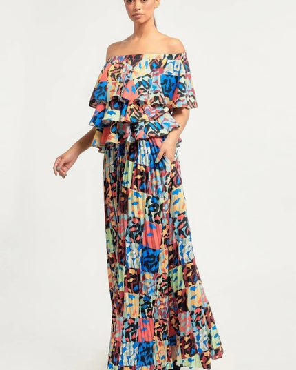 Printed Ruffle Top And Pleated Skirt Set - ShopEasier