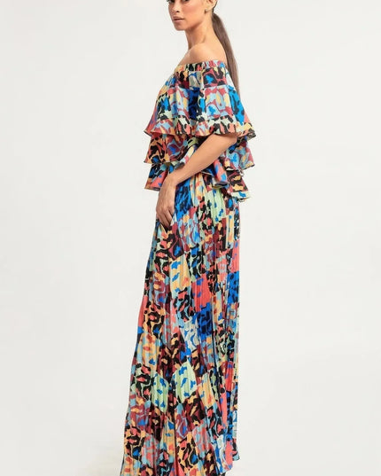 Printed Ruffle Top And Pleated Skirt Set - ShopEasier