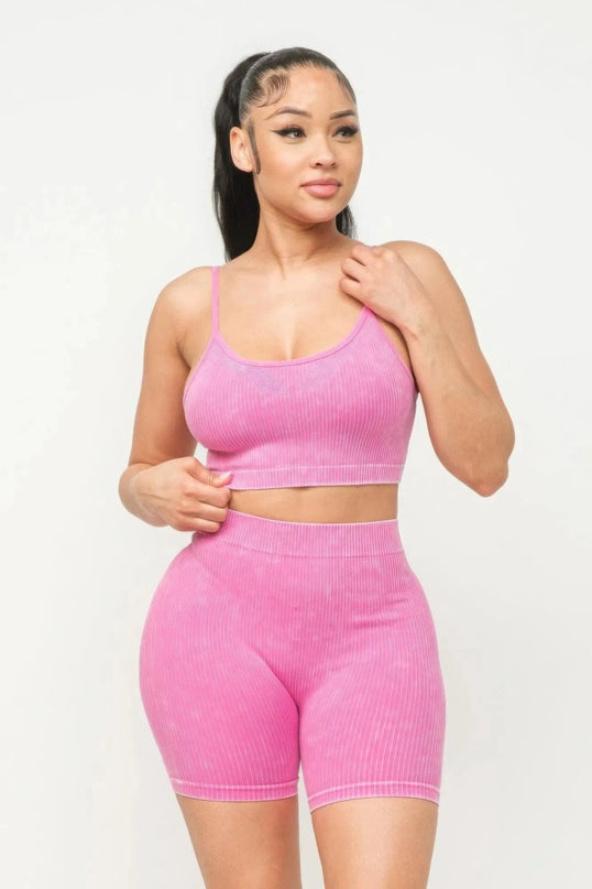 Washed Seamless Basic Tank Top And Shorts Set - ShopEasier