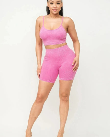 Washed Seamless Basic Tank Top And Shorts Set - ShopEasier