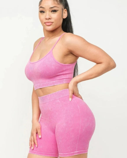 Washed Seamless Basic Tank Top And Shorts Set - ShopEasier