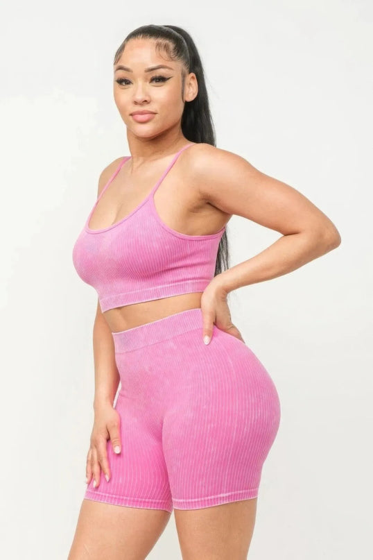 Washed Seamless Basic Tank Top And Shorts Set - ShopEasier