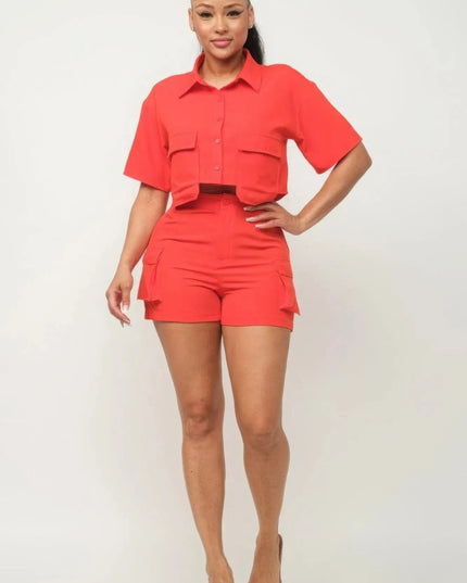 Front Button Down Side Pockets Top And Shorts Set - ShopEasier