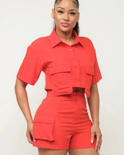 Front Button Down Side Pockets Top And Shorts Set - ShopEasier