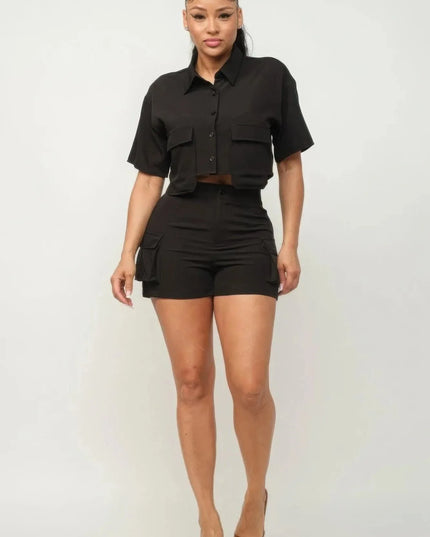 Front Button Down Side Pockets Top And Shorts Set - ShopEasier