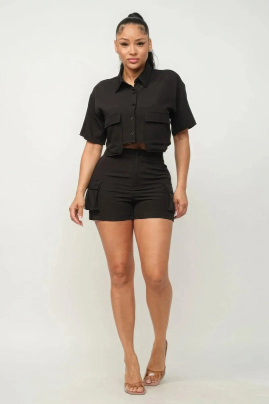 Front Button Down Side Pockets Top And Shorts Set - ShopEasier