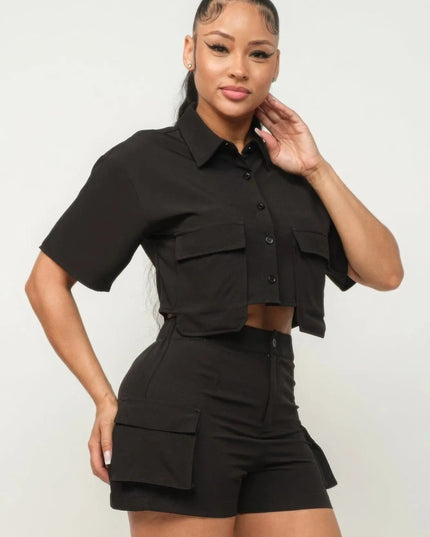 Front Button Down Side Pockets Top And Shorts Set - ShopEasier