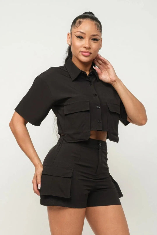 Front Button Down Side Pockets Top And Shorts Set - ShopEasier