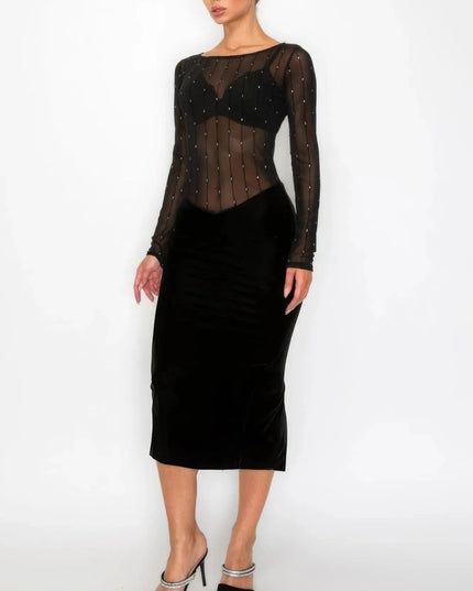 Velvet Sheer Contrast Holiday Midi Dress - ShopEasier