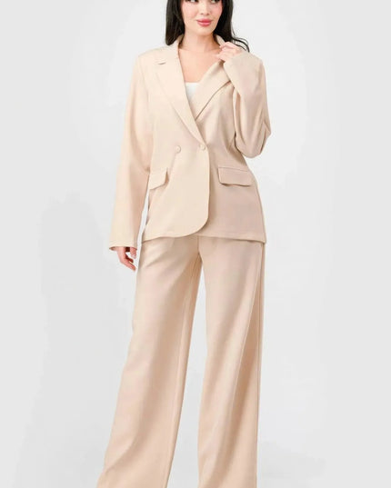 Luxe Stretch Woven Loose Fit Blazer And Wide Legs Pants Semi Formal Set - ShopEasier