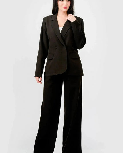 Luxe Stretch Woven Loose Fit Blazer And Wide Legs Pants Semi Formal Set - ShopEasier