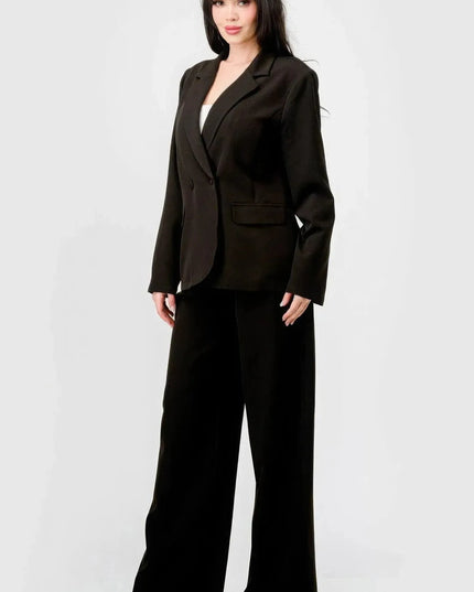 Luxe Stretch Woven Loose Fit Blazer And Wide Legs Pants Semi Formal Set - ShopEasier