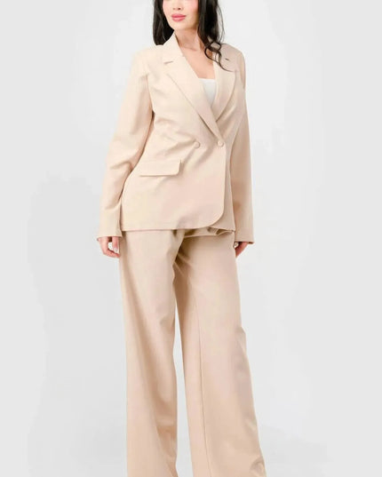 Luxe Stretch Woven Loose Fit Blazer And Wide Legs Pants Semi Formal Set - ShopEasier