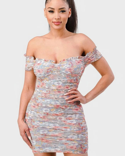 Floral Print Mesh Sweetheart Ruffled Off Shoulder Ruched Mini Dress - ShopEasier