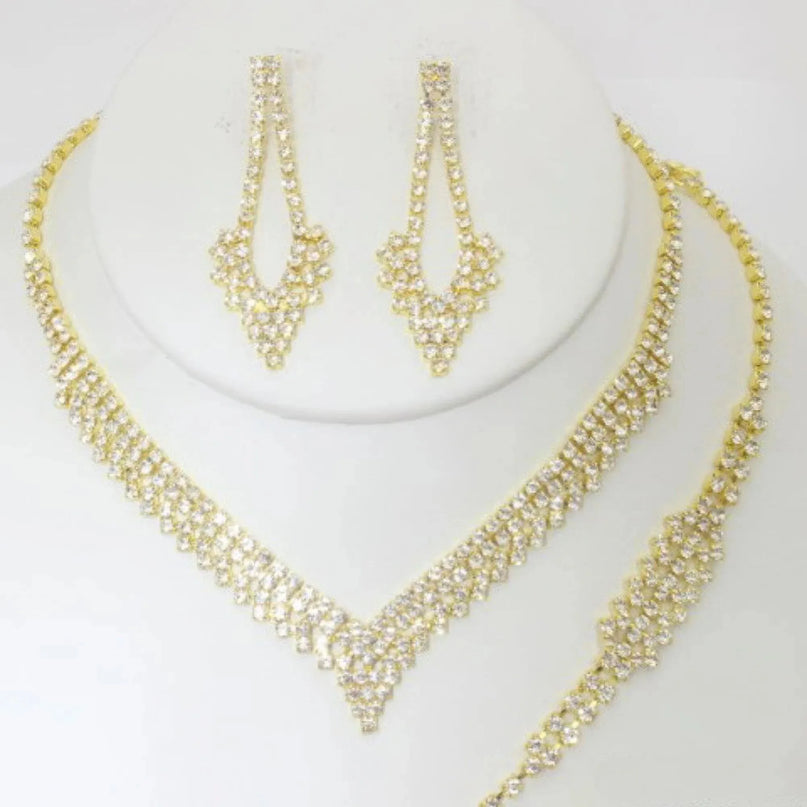 Rhinestone Necklace Earring Bracelet Set - ShopEasier