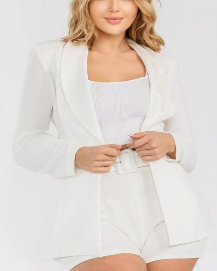 Plus Solid Blazer 2 Piece Belted Short Set