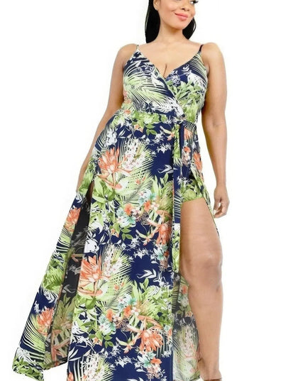 Plus Tropical Leaf Print Surplice Maxi Dress