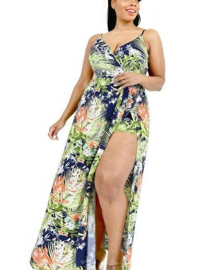 Plus Tropical Leaf Print Surplice Maxi Dress