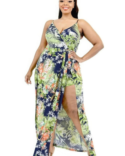 Plus Tropical Leaf Print Surplice Maxi Dress