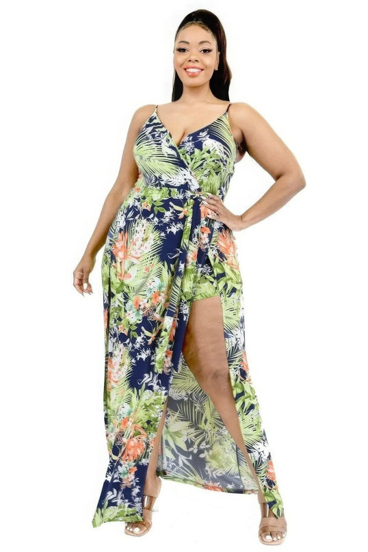 Vestido largo cruzado con estampado de hojas tropicales Plus