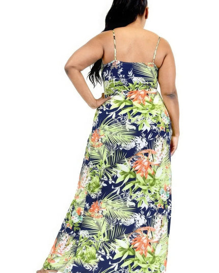 Plus Tropical Leaf Print Surplice Maxi Dress