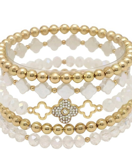 Clover Metal Pearl Rhinestone Stretch Bracelet Set - ShopEasier