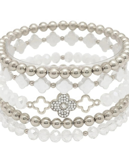 Clover Metal Pearl Rhinestone Stretch Bracelet Set - ShopEasier