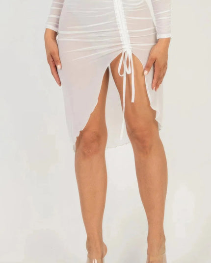 Sexy Sheer Mesh Drawstring Ruched Skirt - ShopEasier