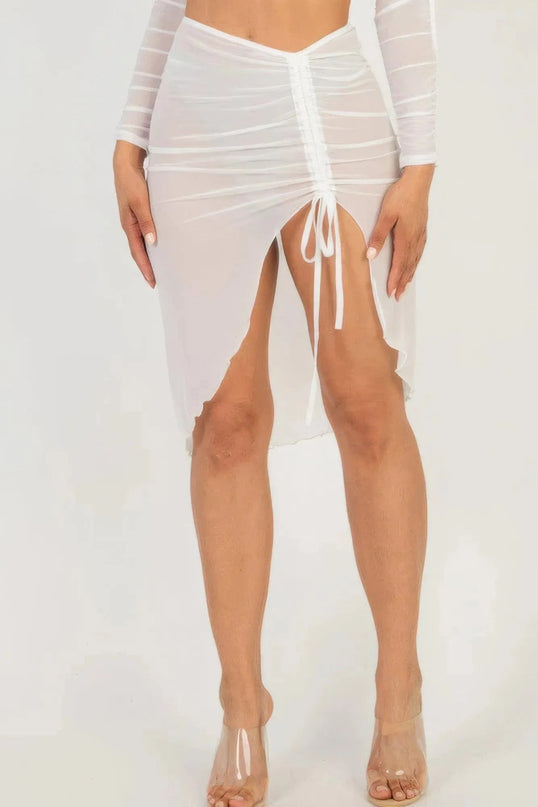 Sexy Sheer Mesh Drawstring Ruched Skirt - ShopEasier