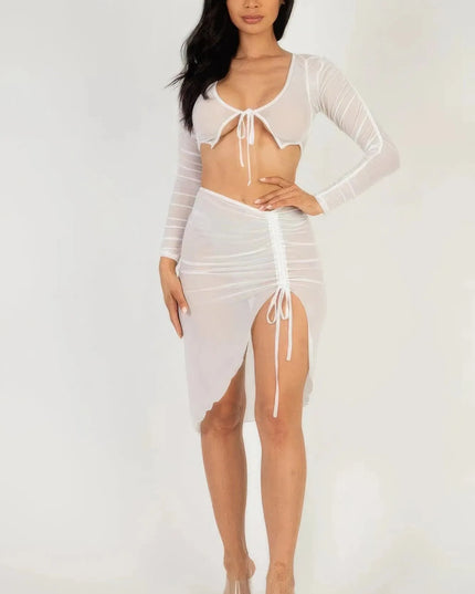 Sexy Sheer Mesh Drawstring Ruched Skirt - ShopEasier