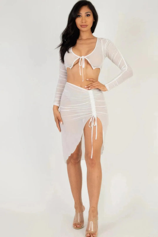 Sexy Sheer Mesh Drawstring Ruched Skirt - ShopEasier