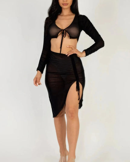 Sexy Sheer Mesh Drawstring Ruched Skirt - ShopEasier