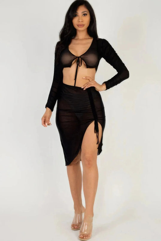 Sexy Sheer Mesh Drawstring Ruched Skirt - ShopEasier