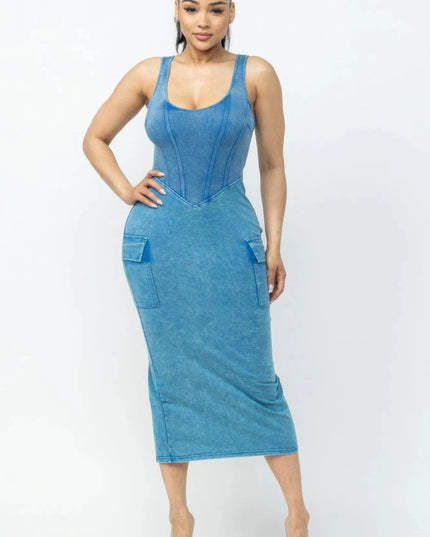 Acid Washed Cargo Midi Dress - ShopEasier