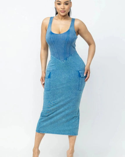 Acid Washed Cargo Midi Dress - ShopEasier