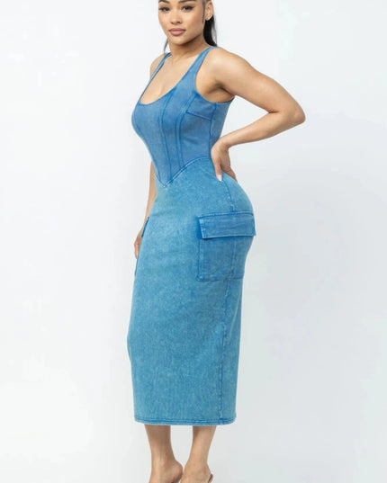 Acid Washed Cargo Midi Dress - ShopEasier