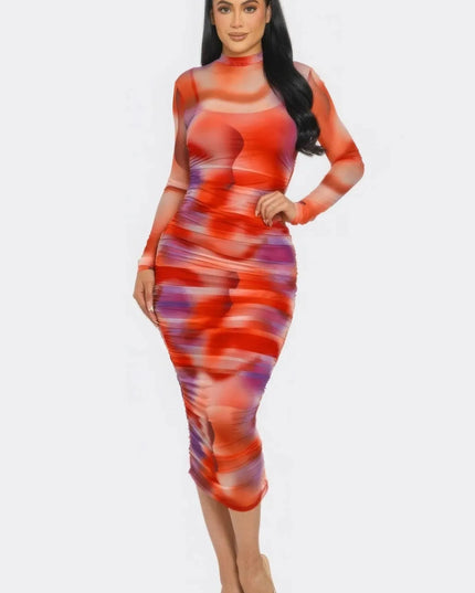 Summer Heat Print Mesh Ruched Midi Dress - ShopEasier