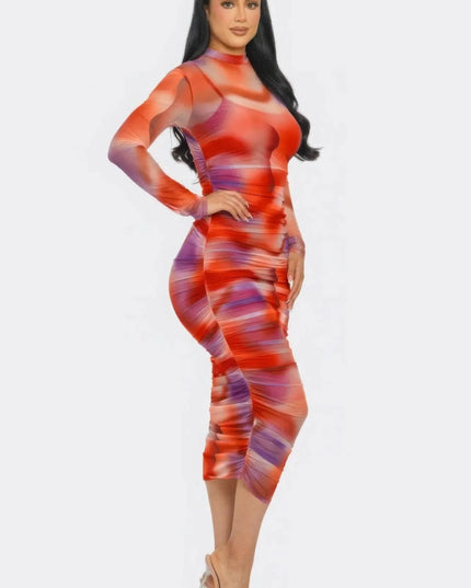 Summer Heat Print Mesh Ruched Midi Dress - ShopEasier