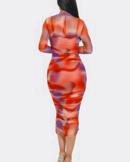 Summer Heat Print Mesh Ruched Midi Dress - ShopEasier